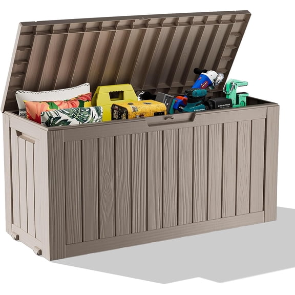 Themis 75 Gallon Resin Deck Box, Lockable Patio Outdoor Storage Box for Furniture, Garden Tools and Tools Storage, Waterproof Outside Storage Boxes - Grey