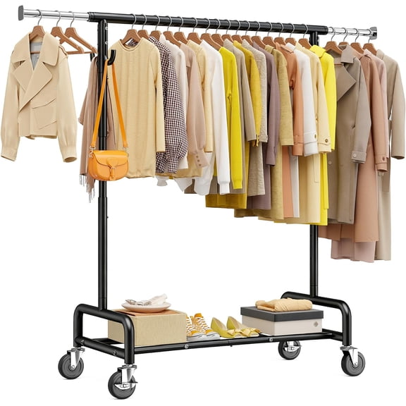 Themis 75" W Heavy Duty Clothes Rack Load 450 LBS, Metal Garment Storage with Shelf, Lockable Wheels & Anti-Slip Stoppers, Rolling Clothing Rack for Bedroom Laundry Room, Black