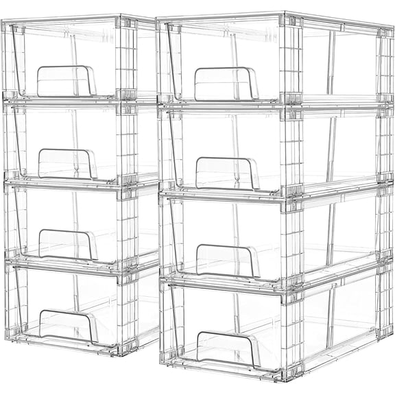 Themis 8 Pack Stackable Storage Drawers,Clear Acrylic Drawer Organizers with Handles, Easily Assemble Containers for Fridge, Bathroom,Kitchen Undersink,Cabinet,Pantry Organization and Storage