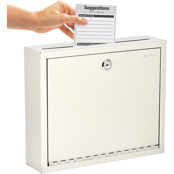 Themis Adir Metal Suggestion Box with Lock and Slot, Wall Mount Deposit Box for Payments and Checks, Office Mail Box for Employees, Mailbox for House, Safe Drop Box with Keys - 3x10x12 Inch White