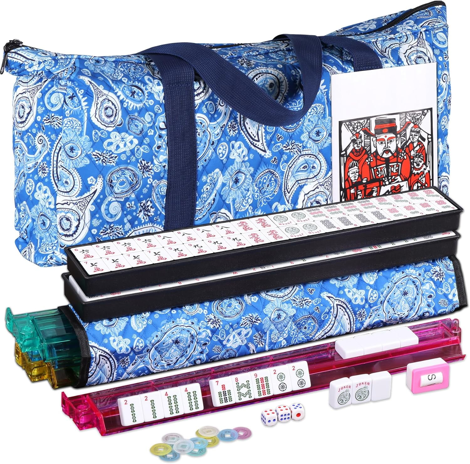 Themis American Mahjong Mah Jongg Set 166 Tiles 4 All-in-One Color Rack/Pushers Soft Bag Full Size Complete Mahjongg Ma Jong Set (Blue)