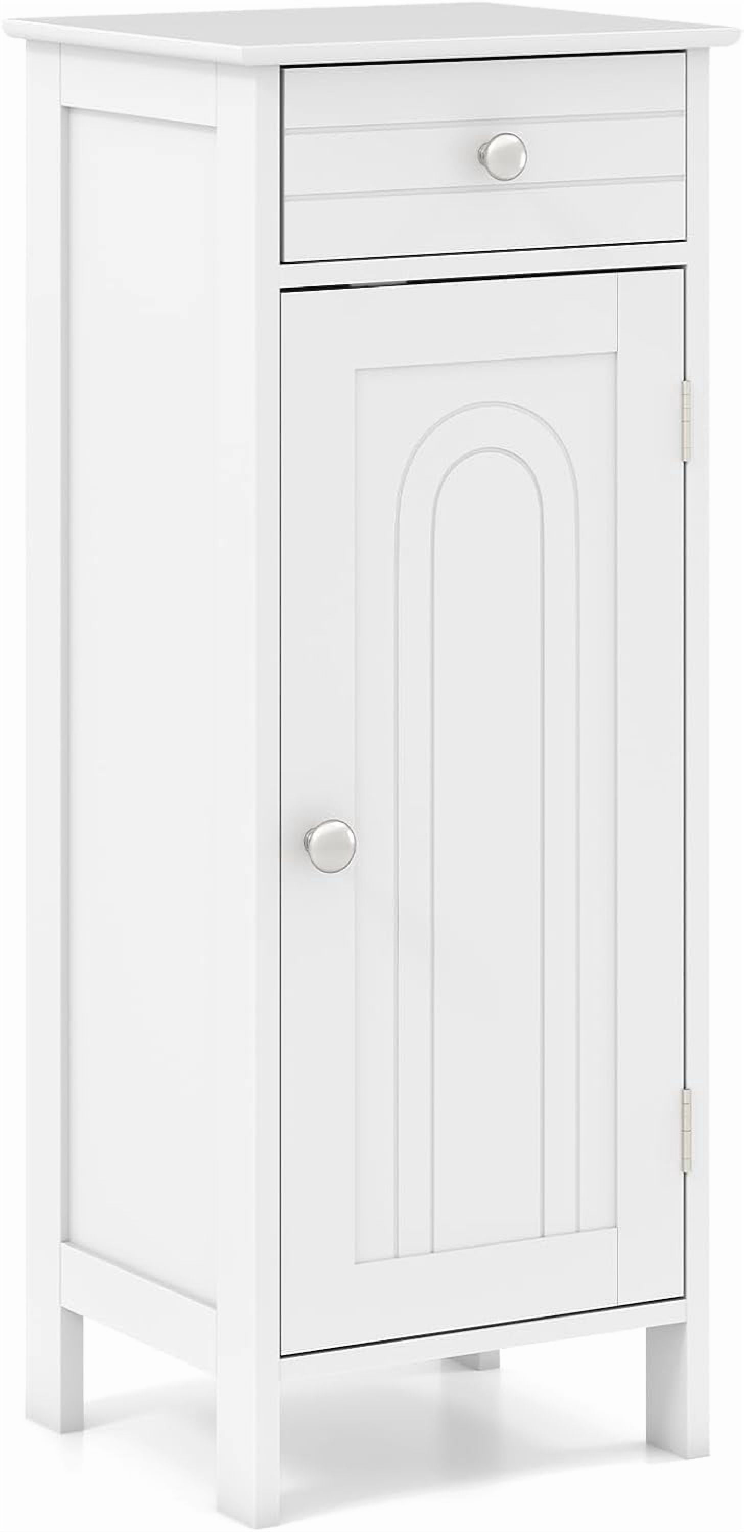 Themis Bathroom Floor Cabinet, Free-Standing Single Door Storage Cabinet with Drawer & 2 Adjustable Shelves, Wooden 14”L Narrow Side Storage Organizer for Small Spaces, Living Room, Kitchen (White)