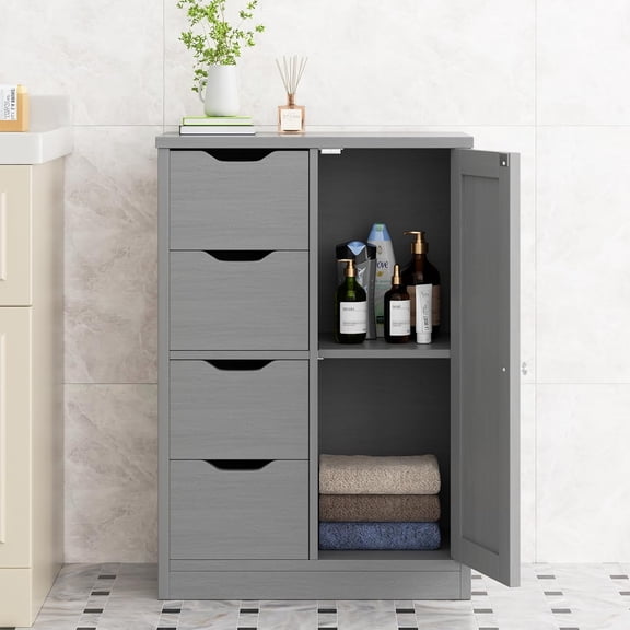 Themis Bathroom Floor Storage Cabinet, Wooden Storage Organizer with 4 Drawers and 1 Cupboard, Freestanding Entryway Storage Unit Console Table, Gray