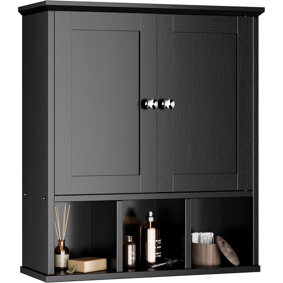 Themis Bathroom Wall Cabinet, Bathroom Cabinet Wall Mount with 2 Doors and 3 Open Shelves, Over The Toilet Wood Medicine Cabinets for Laundry Room, Black