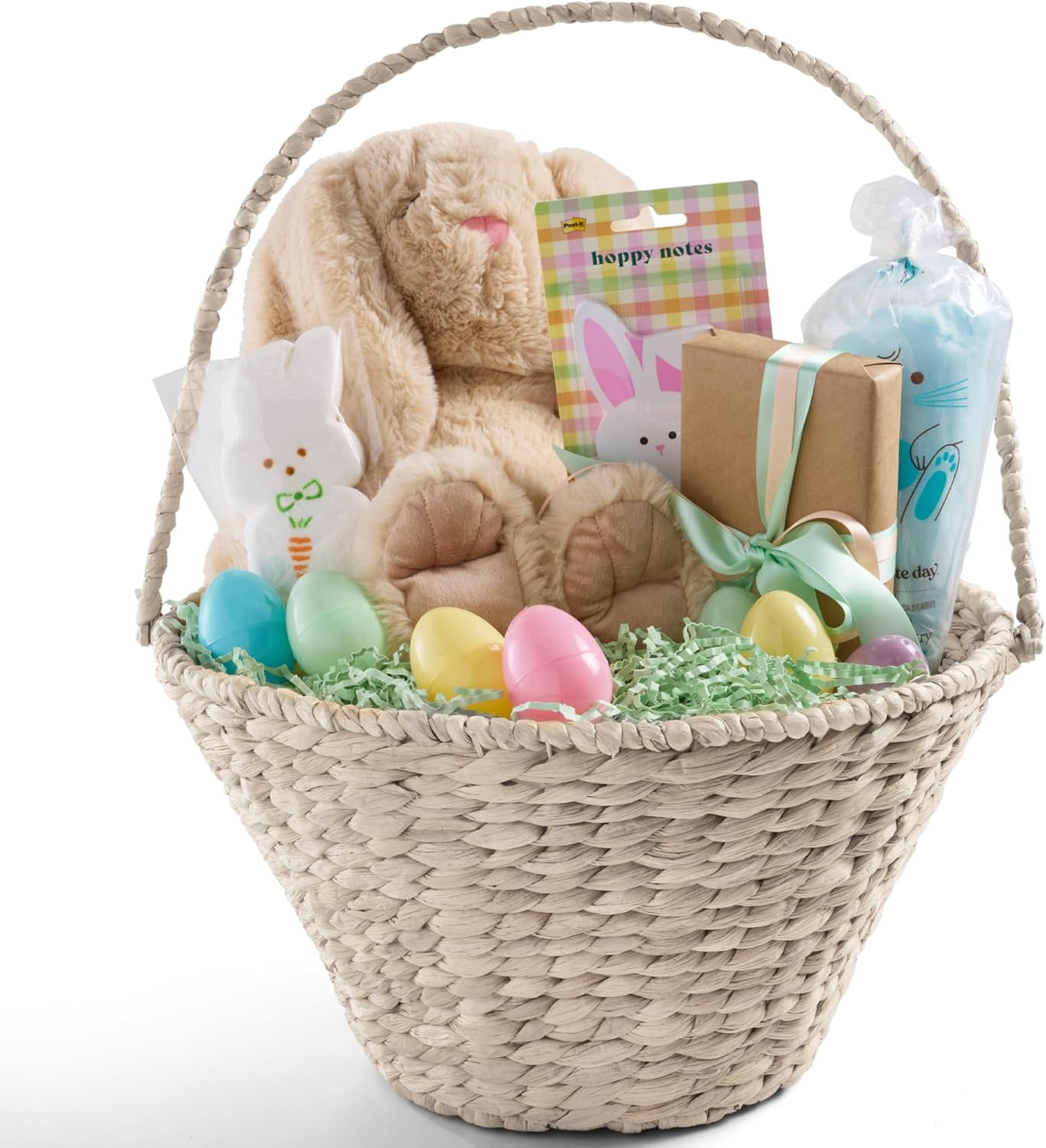 Themis Handwoven Easter Basket, Large Woven Easter Basket for Kids, Easter Egg Hunt Basket w/Collapsible Handle, Tapered Shape, Water Hyacinth - White