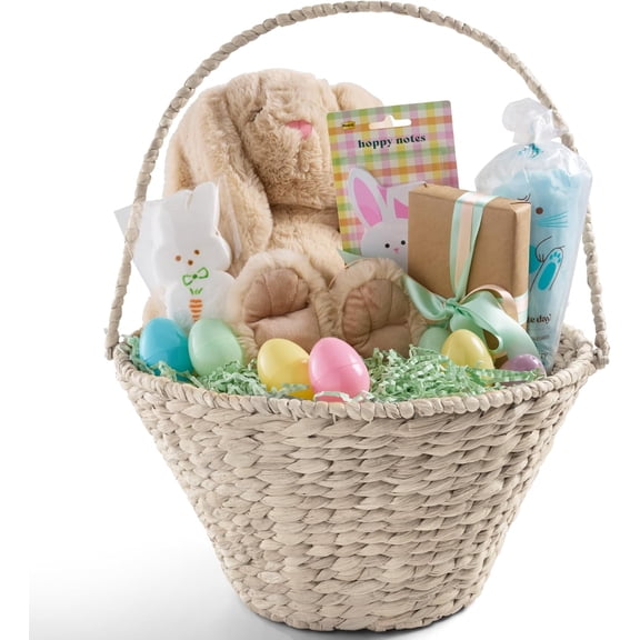 Themis Handwoven Easter Basket, Large Woven Easter Basket for Kids, Easter Egg Hunt Basket w/Collapsible Handle, Tapered Shape, Water Hyacinth - White
