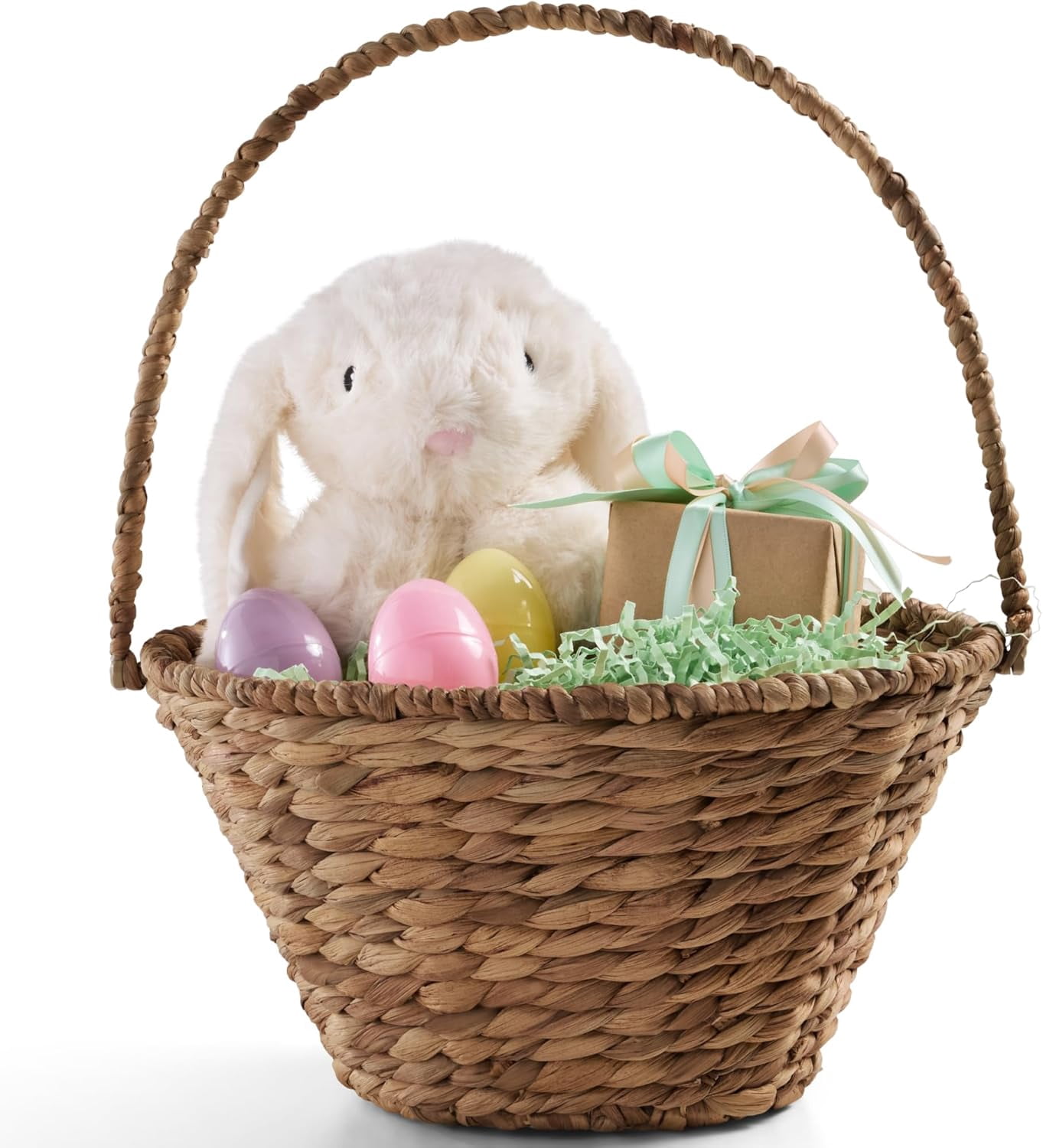 Themis Handwoven Easter Basket, Small Woven Easter Basket for Kids, Easter Egg Hunt Basket w/Collapsible Handle, Tapered Shape, Water Hyacinth - Chestnut