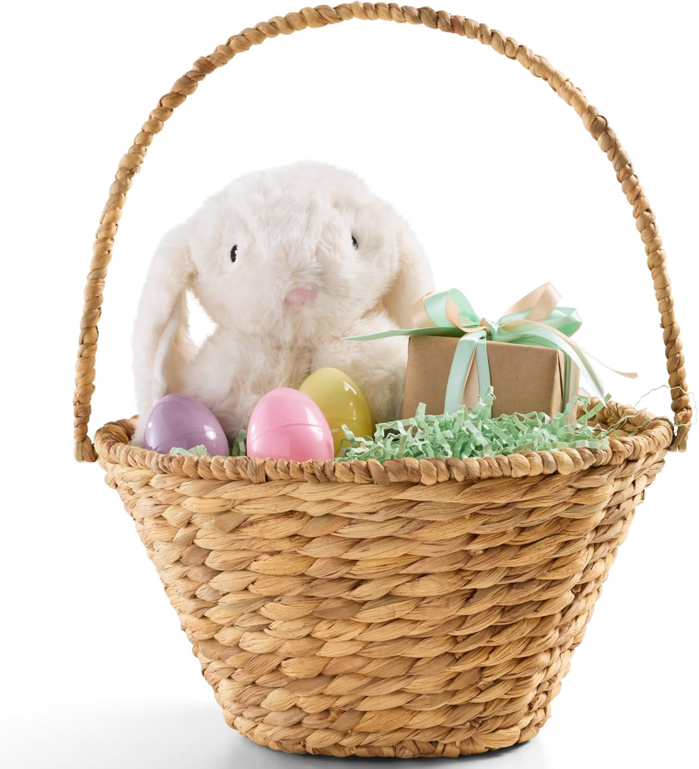 Themis Handwoven Easter Basket, Small Woven Easter Basket for Kids, Easter Egg Hunt Basket w/Collapsible Handle, Tapered Shape, Water Hyacinth - Natural
