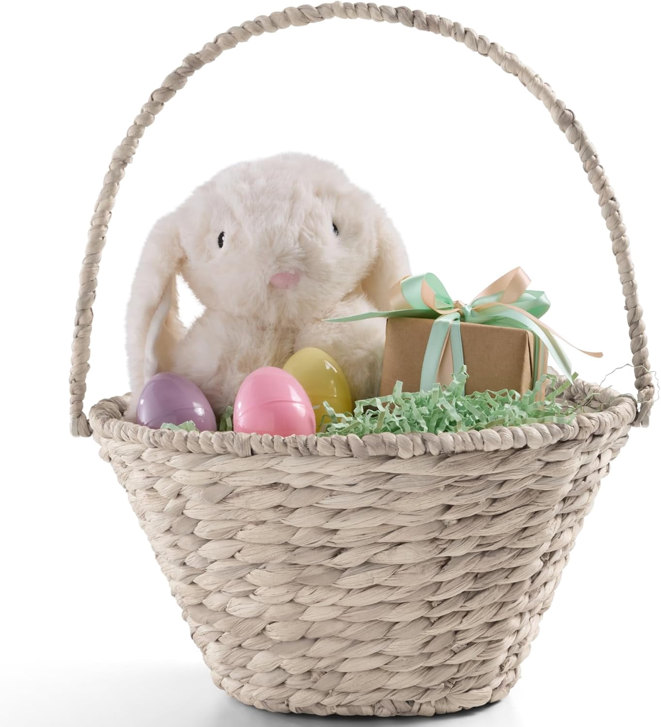 Themis Handwoven Easter Basket, Small Woven Easter Basket for Kids, Easter Egg Hunt Basket w/Collapsible Handle, Tapered Shape, Water Hyacinth - White