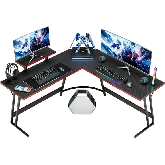 Themis L Shaped Gaming Desk Computer Corner Desk PC Gaming Desk Table with Large Monitor Riser Stand for Home Office Sturdy Writing Workstation (Black, 51 Inch)