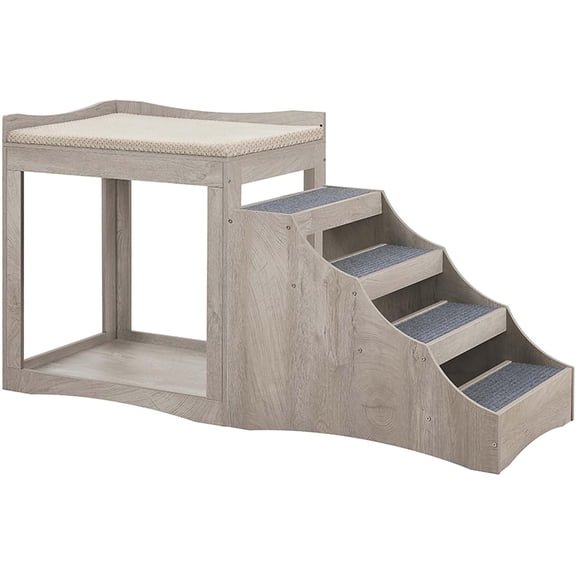 Themis Large Pet Bunk Bed with Removable Step for Dogs and Cats | Multi-Level Bed Window Perch Seat Platform with Cushion, Indoor Use, Grey