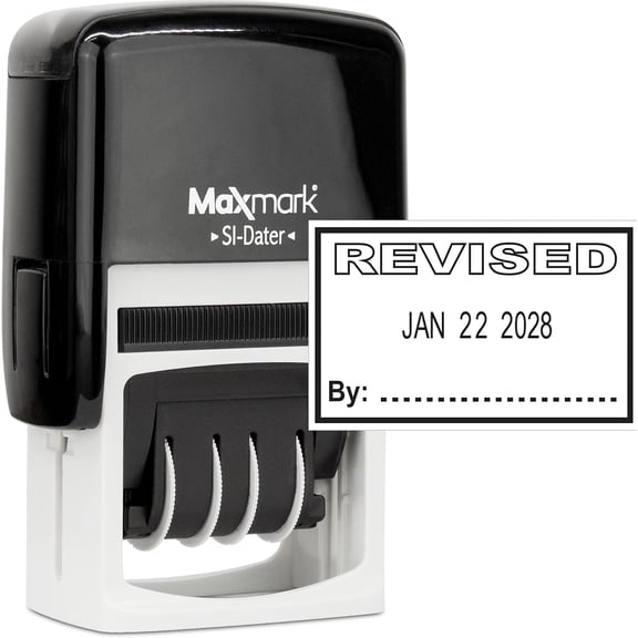 Themis Office Self Inking Date Stamp with Phrase Revised - Black Ink
