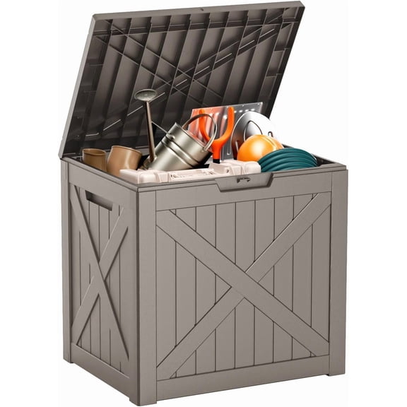 Themis Outdoor Storage Housing Deck Box - Waterproof Patio Furniture, Garden Tools, Cushions, Pool Accessories Storage Bench with Lockable Lid and Side Handles (Grey 38 Gal)