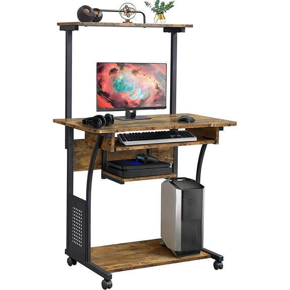 Themis Retro Computer Desk on Wheels Mobile Computer Desk with Printer Shelf and Keyboard Tray, 3 Tiers Home Office Desk with Storage for Small Space, Compact Computer Workstation, Rustic Brown