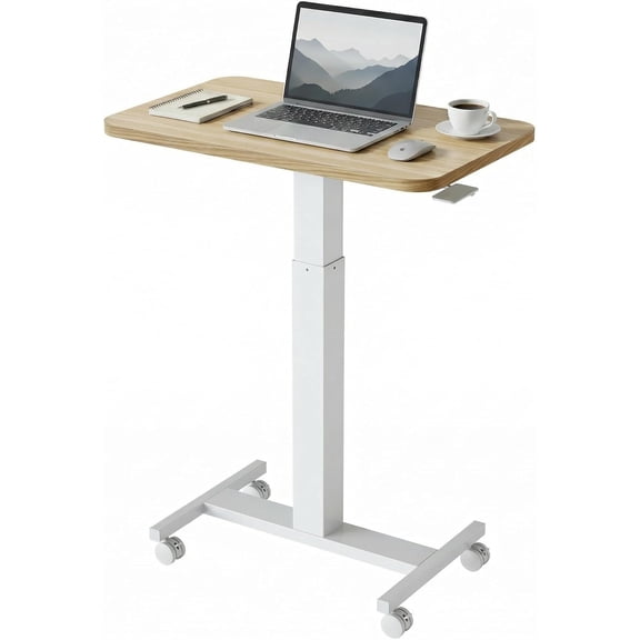 Themis Small Rolling Laptop Standing Desk, Height Adjustable Mobile T-Base Desk with Lockable Casters, Portable Sit-Stand Workstation for Bedside & Sofa, Light Walunt