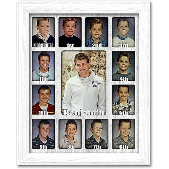 Themis Years Picture Frame K-12 | Personalized - Add Any Name | School Days Graduation Frame | Holds Twelve 2.5" x 3.5" Photos and 5" x 7" K to 12 Photo |White Frame and Mat