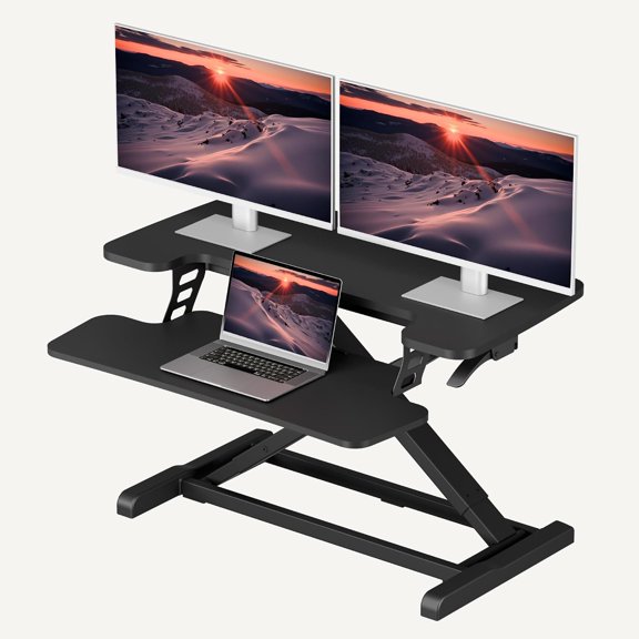 Themis32" Height Adjustable Standing Desk Converter, Desk Riser Sit Stand Workstation for Home Office Laptop & Dual Monitor Setup, Ergonomic Lift Platform, Black
