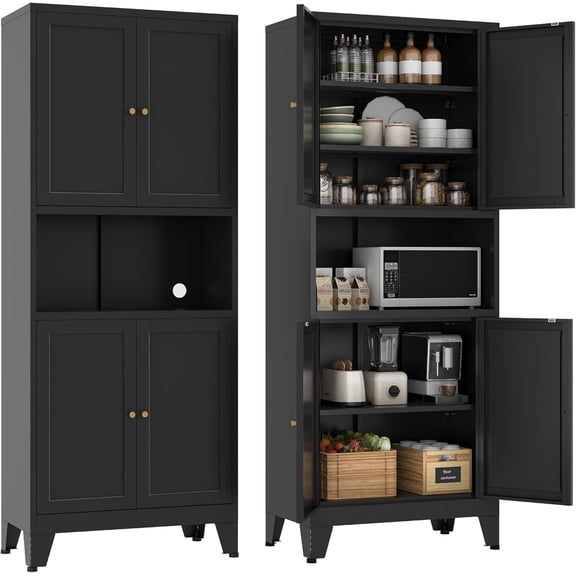 Themis69" Tall Metal Pantry Cabinet with Microwave Shelf, 4 Doors & 3 Adjustable Shelves, 120LBS Per Shelf Heavy Duty Storage Cabinet with Anti-Tip Design for Kitchen,Dining Room (1PC,Black)