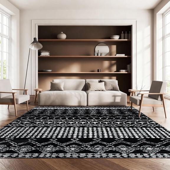 ThemisArea Rug 8x10 - Tulum Collection - Large - Black & Ivory, Moroccan Boho Distressed Design, Non-Shedding & Easy to Clean, Ideal for Living Room, Bedroom, Dining Space (TUL229Z)