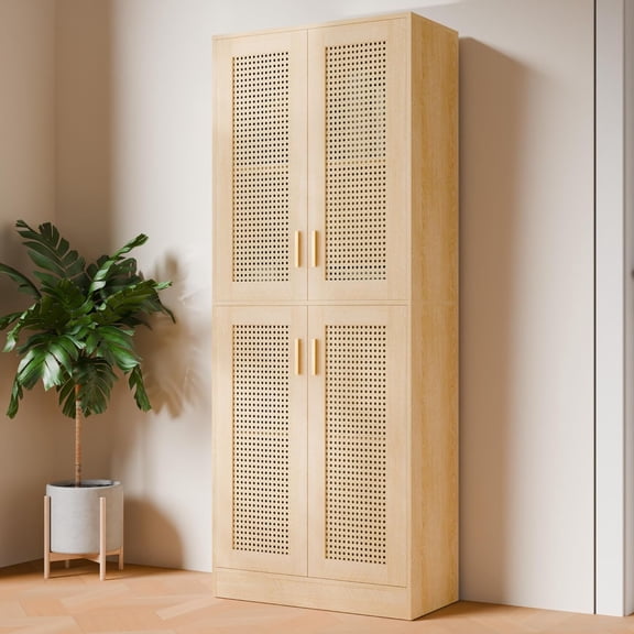 ThemisKitchen Pantry Cabinet, 71" Tall Rattan Doors Storage Cabinet and Adjustable Shelves, Modern Farmhouse Wood Cupboard Utility Hutch for Kitchen, Dining Room, Living Room (Oak)