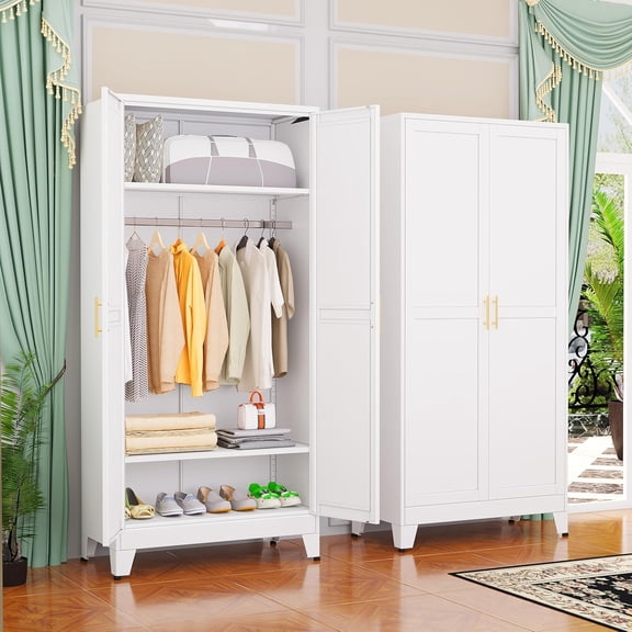 ThemisMetal Wardrobe Cabinet with Hanging Rod, Clothing Storage Cabinets | with 2 Doors and Adjustable Shelves, 71" Metal White Armoire Wardrobe Closet for Bedroom, Laundry Room, Cloak Room