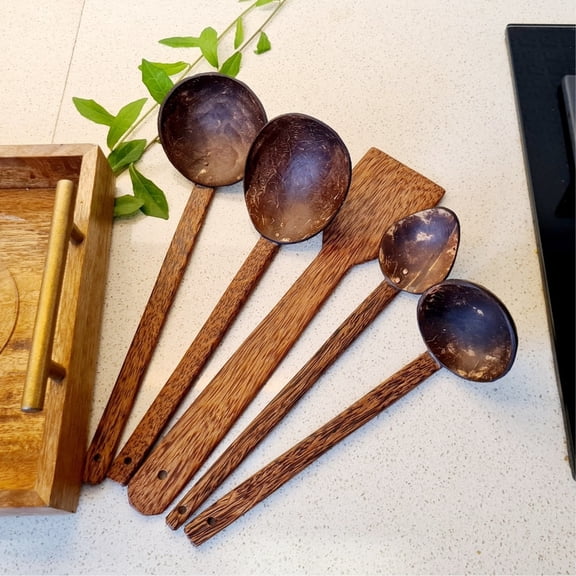 Thenga Coconut Shell Spoons & Wooden Utensils for Cooking | 1 Spatula, 1 Large Spoon, 3 Wooden Ladles - (Set of 5)