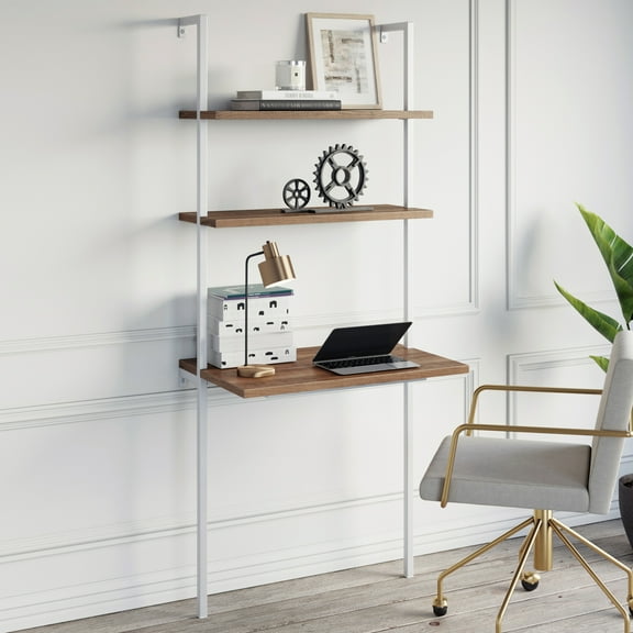 Theo 2-Shelf Industrial Wall Mount Ladder Desk, Small Computer Desk, Rustic Oak/ White