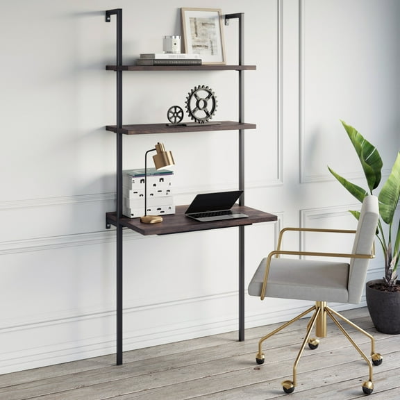 Theo 2-Shelf Industrial Wall Mount Ladder Table, Small Computer Desk, Nutmeg/Matte Black