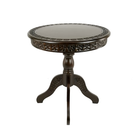 Theo 26 Inch Classic Wood Side Table, Round Tabletop, Floral Cared, Brown- Saltoro Sherpi- Saltoro Sherpi