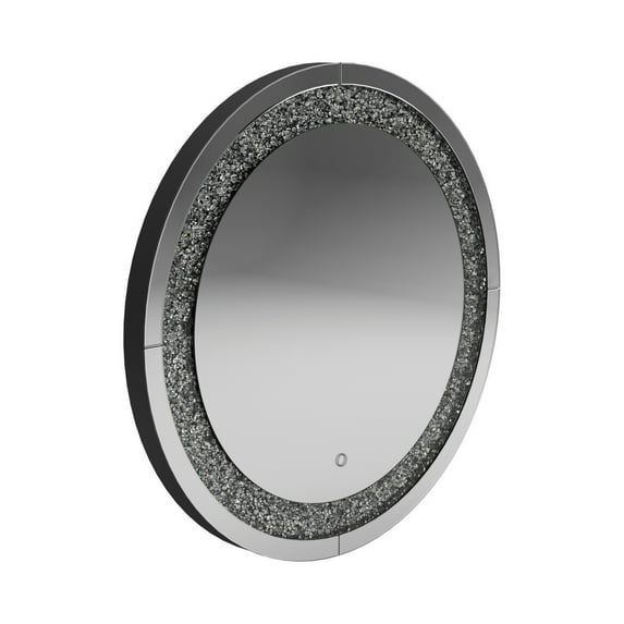 Theo 32 Inch Modern Vanity Wall Mirror Round Crystal Frame Glass Silver - Saltoro Sherpi
