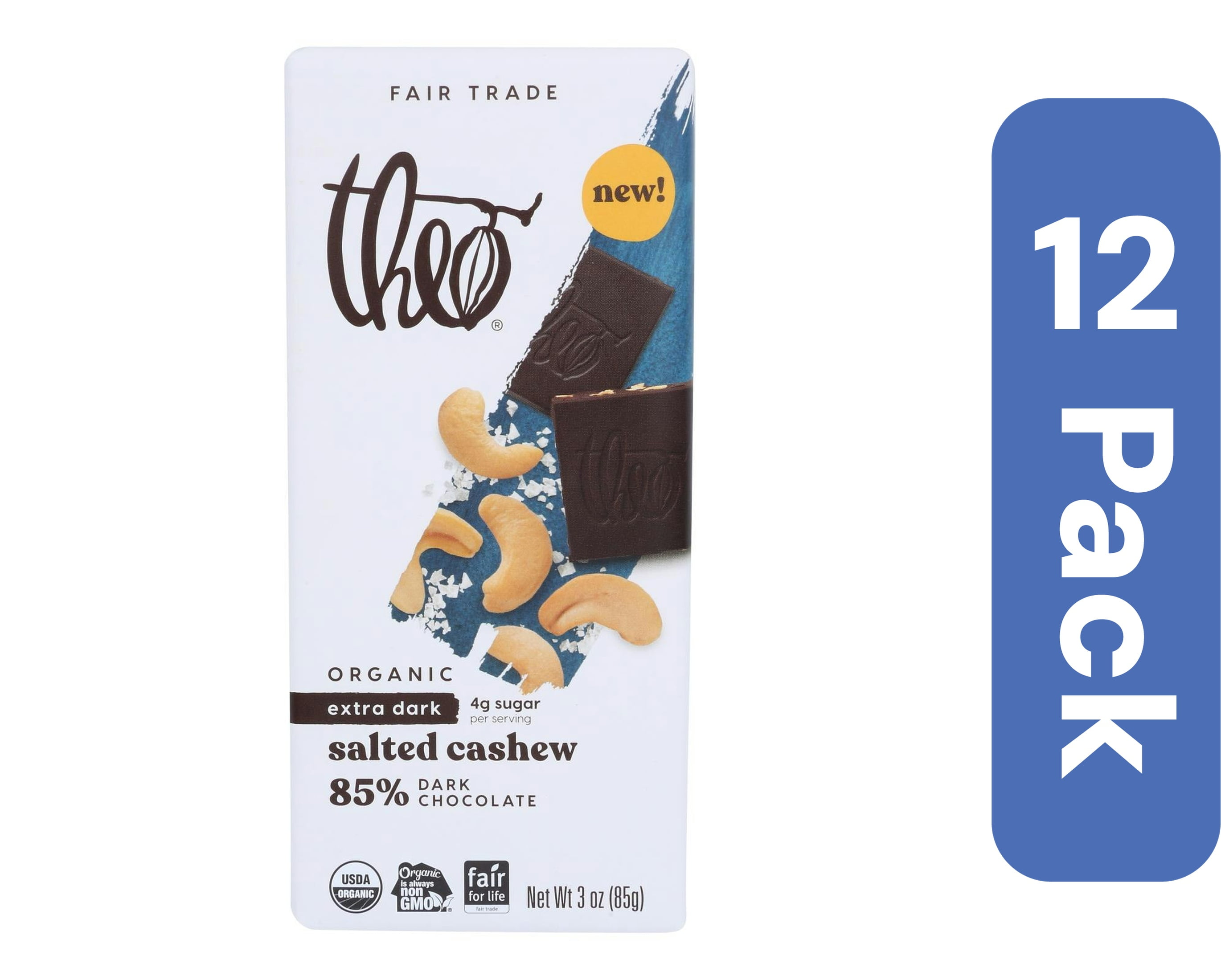 Theo Chocolate Bar Chocolate Sea Salt Cashew 85 Dark 3 oz (Pack Of 12)