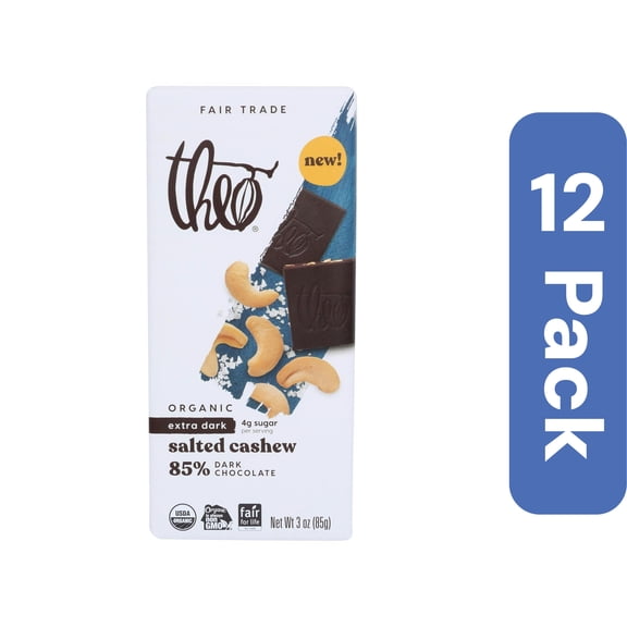 Theo Chocolate Bar Chocolate Sea Salt Cashew 85 Dark 3 oz (Pack Of 12)