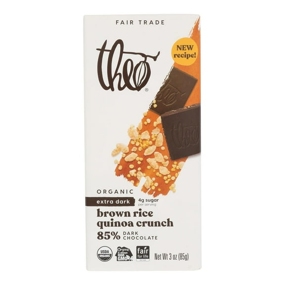 Theo Chocolate Black Rice Quinoa Crunch - 85 Percent Dark Chocolate - Case of 12 - 3 oz.