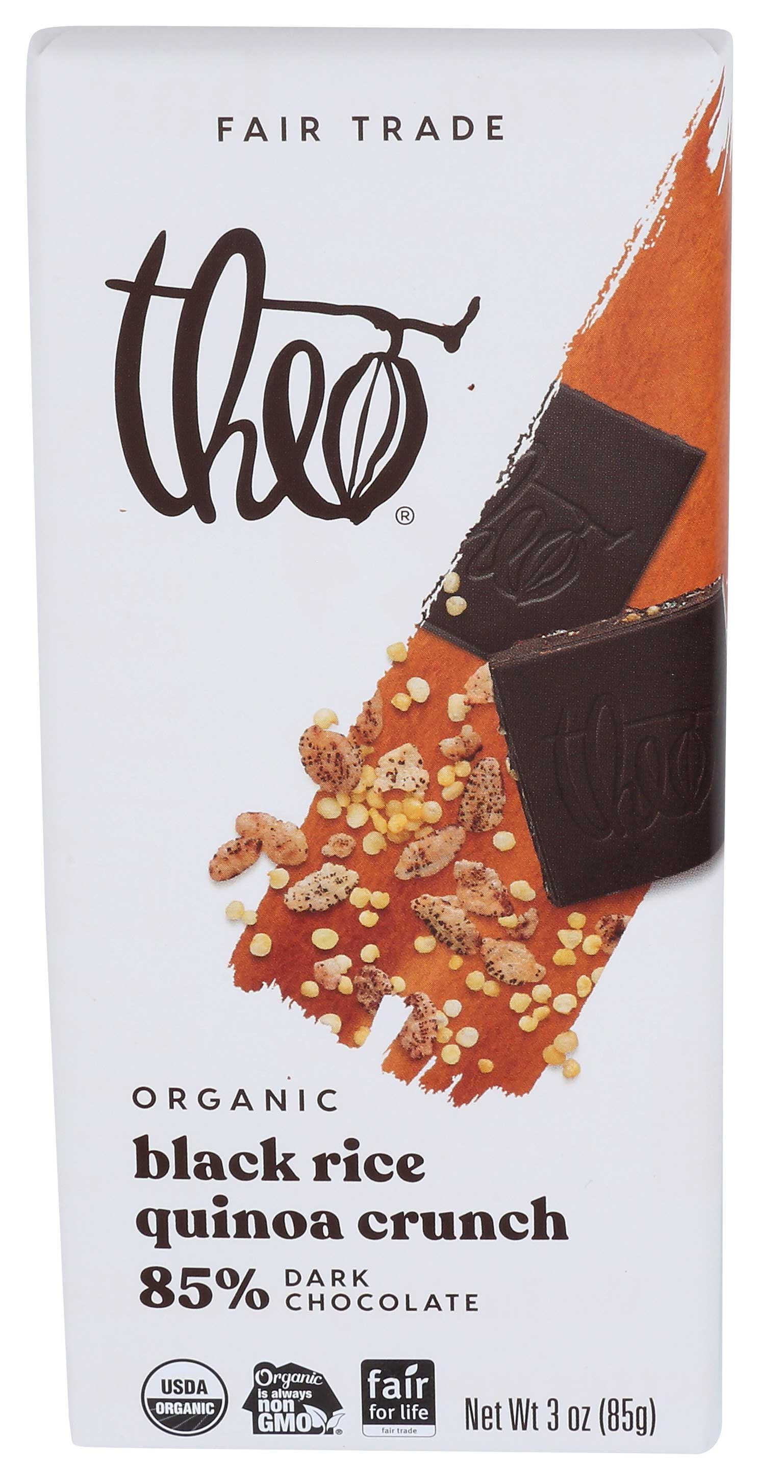 Theo Chocolate Brown Rice Quinoa Crunch Organic Dark Chocolate Bar, 85% Cacao, 12 Pack | Vegan, Fair Trade
