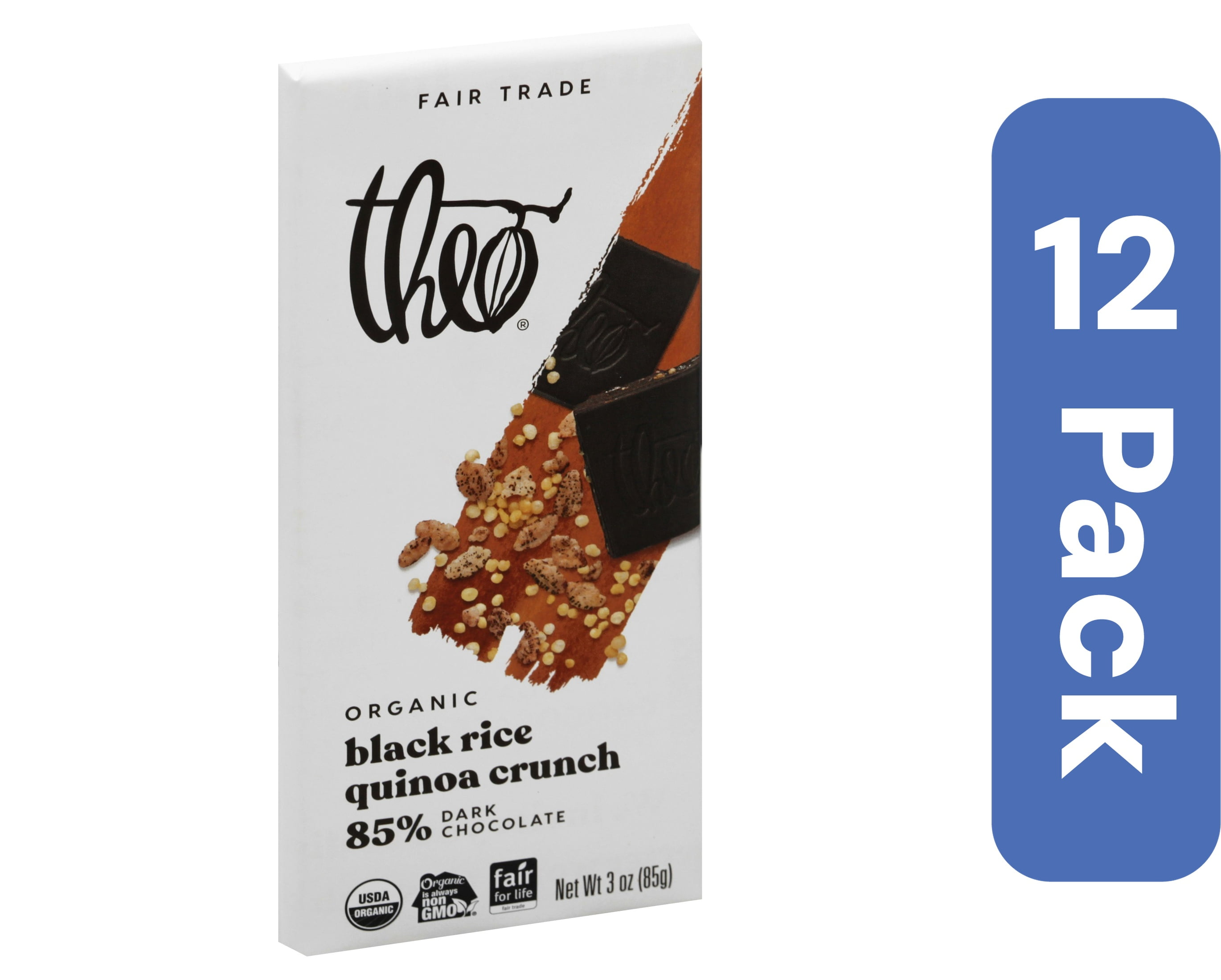 Theo Chocolate Dark Chocolate Bar 85% Black Rice 3 oz (Pack Of 12)