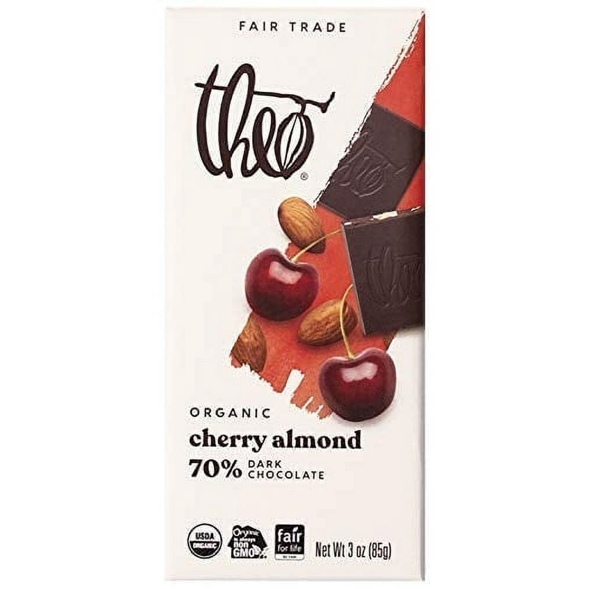 Theo Chocolate Organic 70% Dark Chocolate Bar Cherry & Almond 3 oz Pack of 4