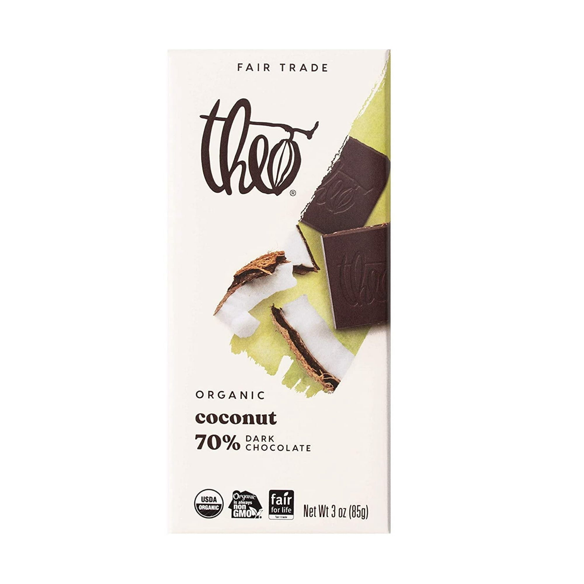 Theo Chocolate Organic 70% Dark Chocolate Bar Coconut 3 oz Pack of 2