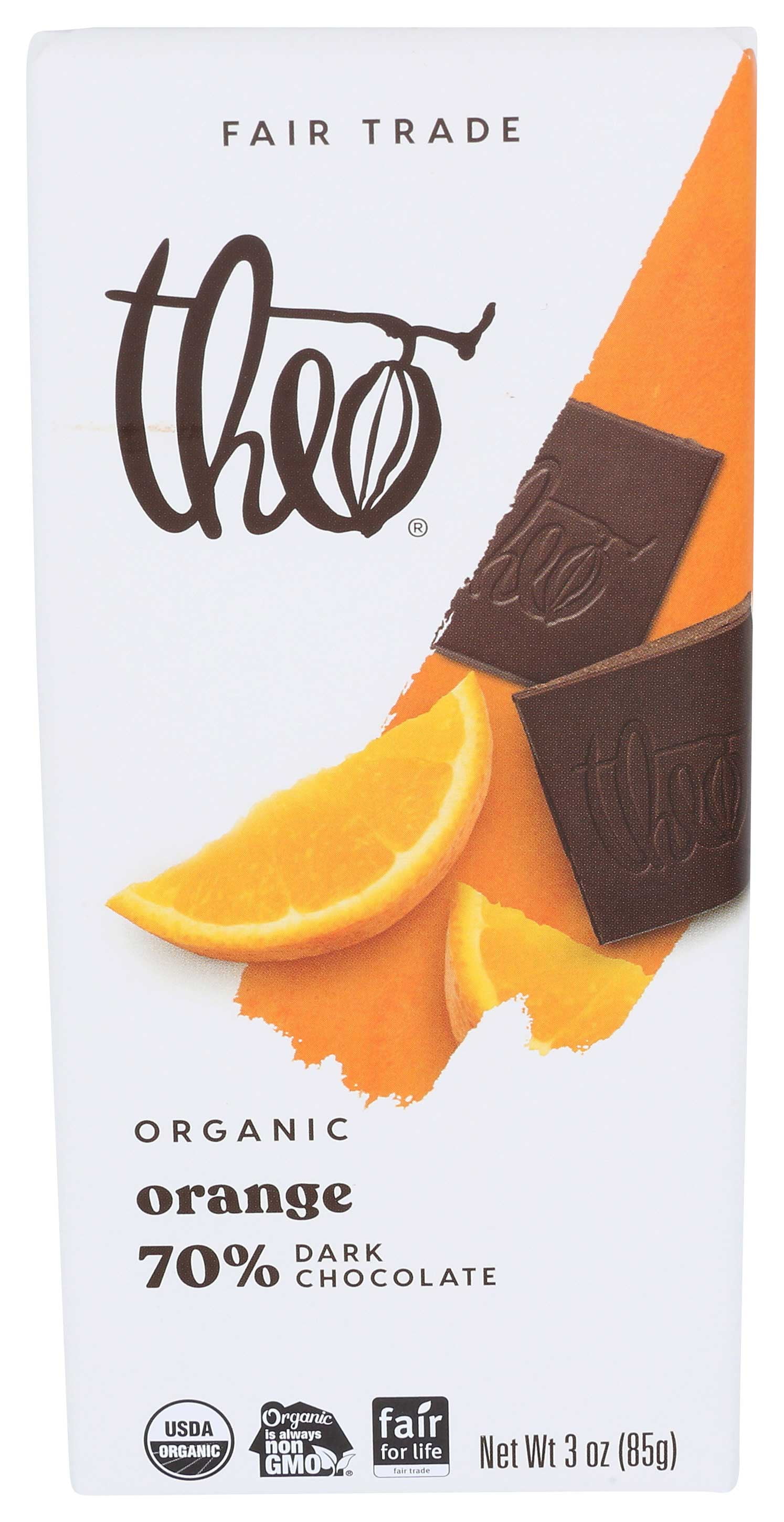 Theo Chocolate Organic Orange 70% Dark Chocolate Bar, 3 Ounce Bar, 12 Pack