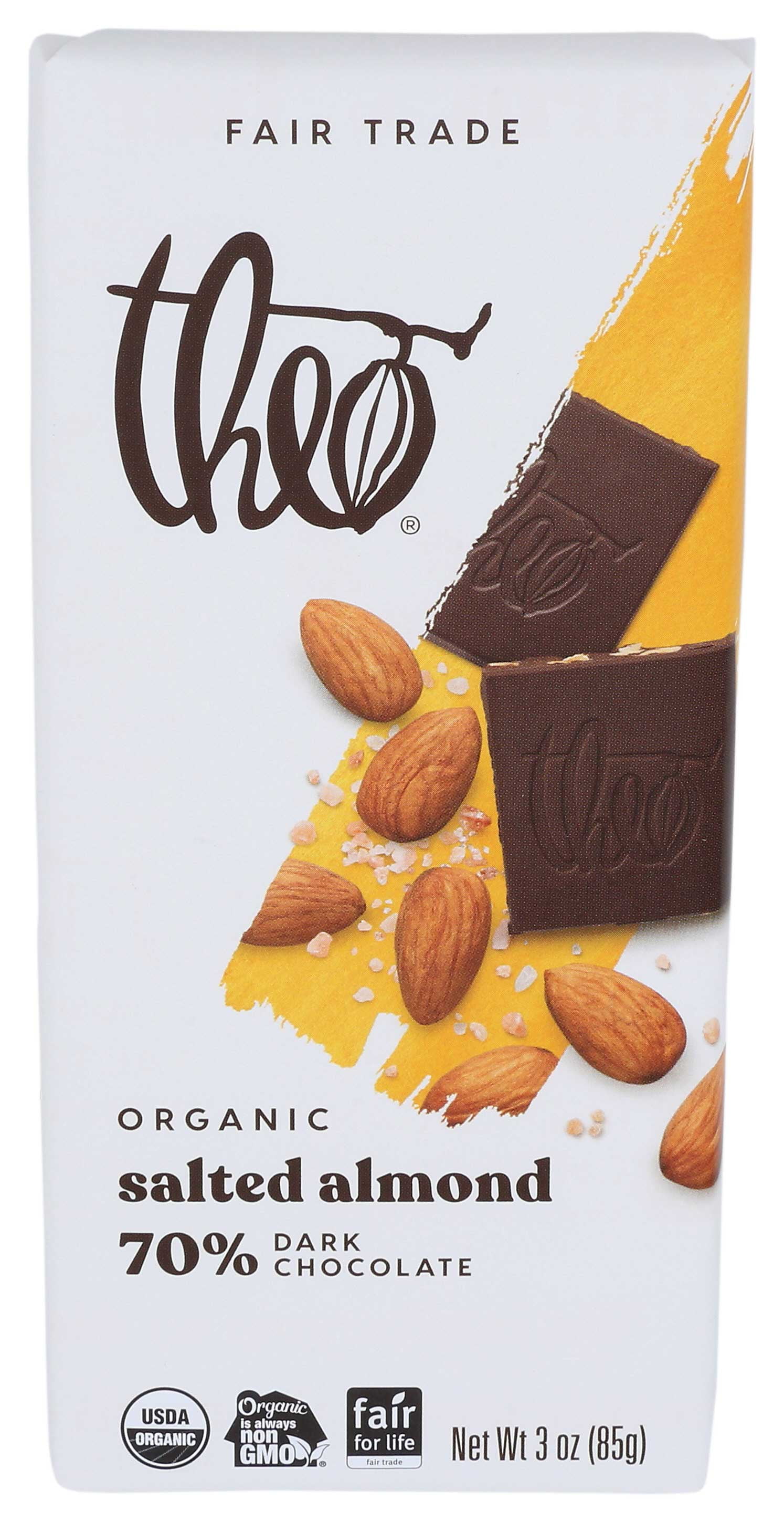 Theo Chocolate Organic Salted Almond 70 Percentage Dark Chocolate Bar, 3 Ounce - 12 per case.