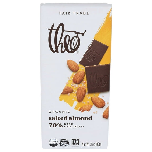 Theo Chocolate Organic Salted Almond 70 Percentage Dark Chocolate Bar, 3 Ounce - 12 per case.