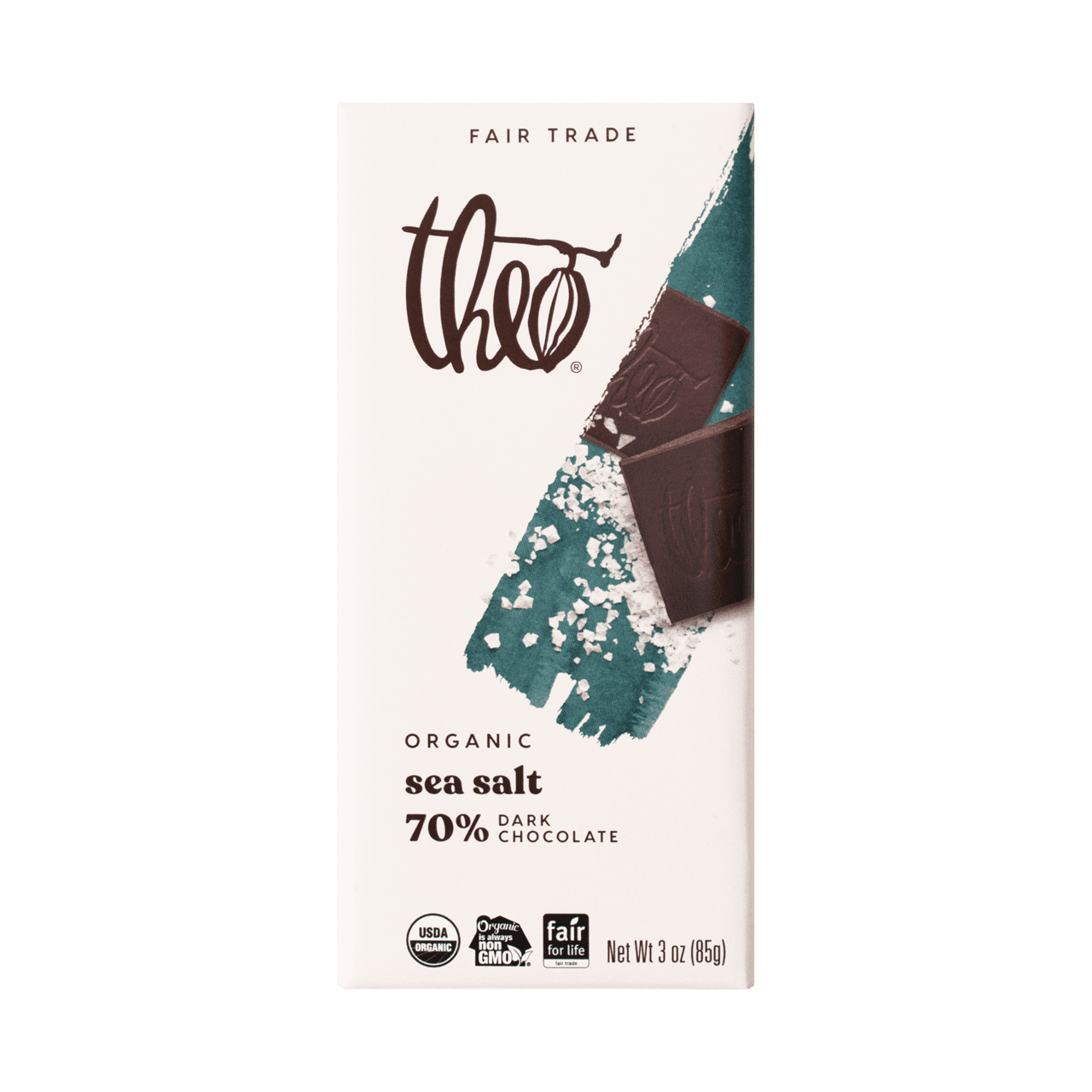 Theo Chocolate Organic Sea Salt 70 Percent Dark Chocolate Bar, 3 Ounce -- 12 per case.