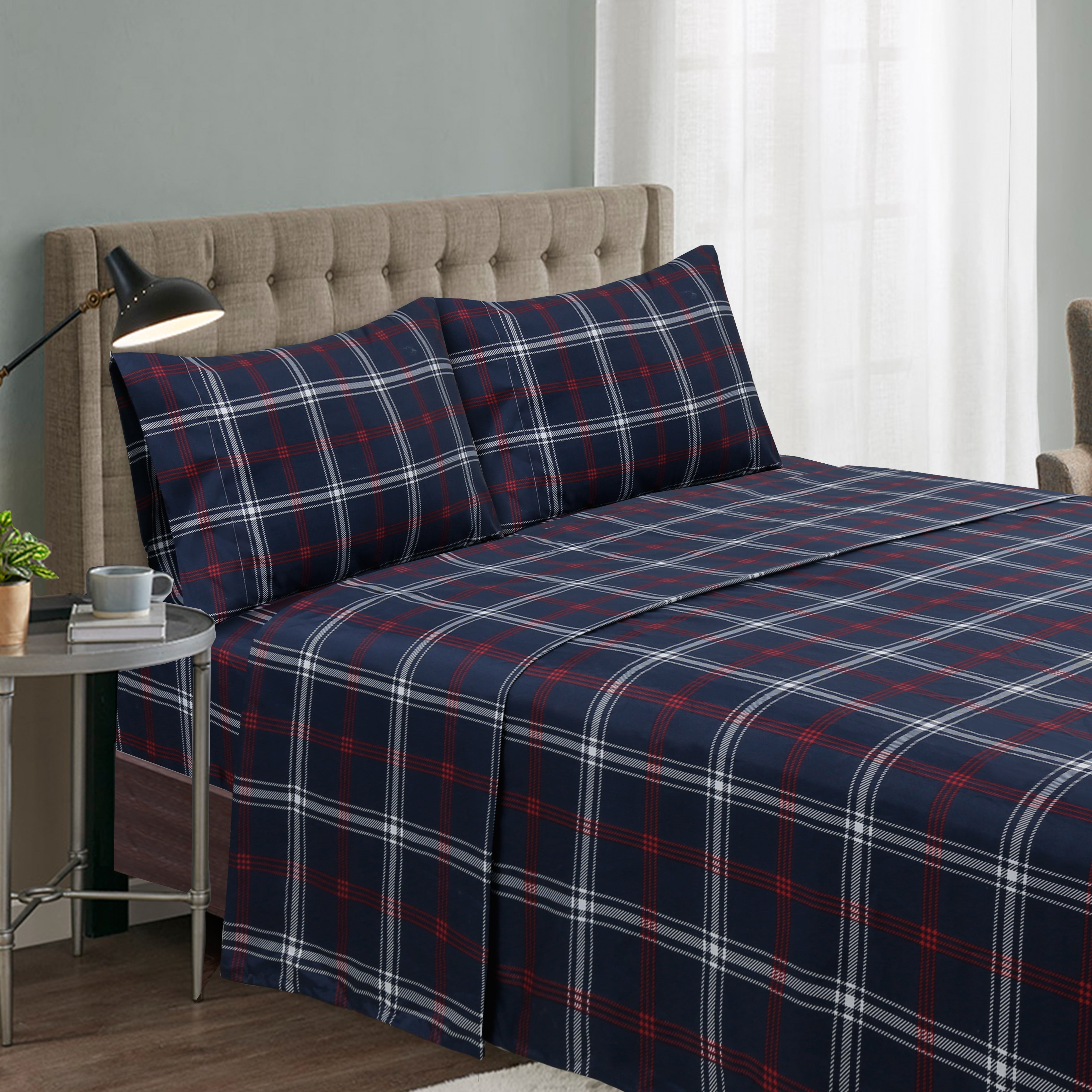 Harper Lane Queen Dark Navy Plaid 4-Piece Microfiber Sheet Set