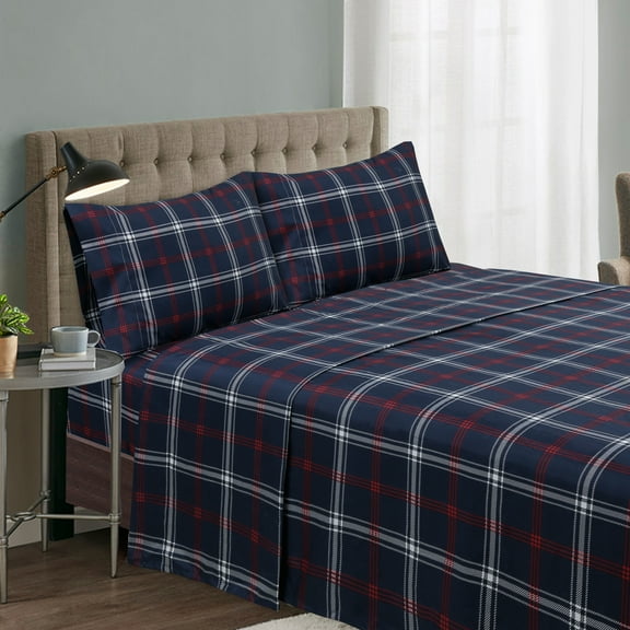 Theo Dark Navy Plaid 4-piece Sheet Set Queen