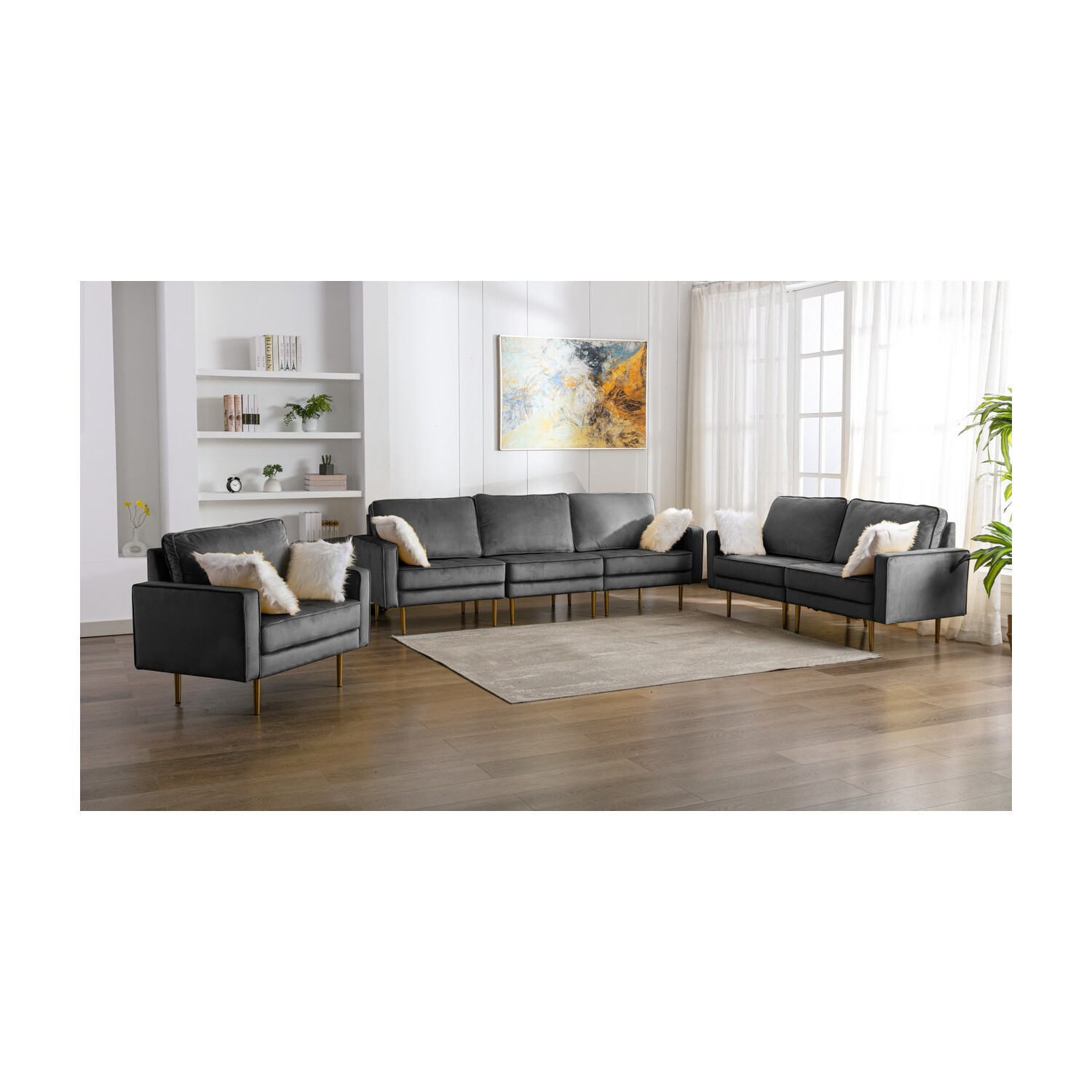 Theo Gray Velvet Sofa Loveseat Chair Living Room Set with Pillows ...