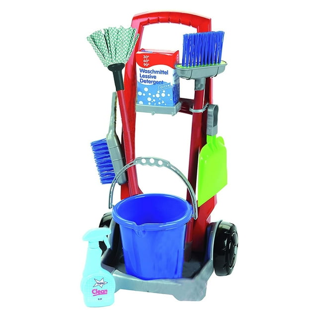 Theo Klein: Cleaning Trolley Set - Kid's 8 Piece Toy Set Includes: Trolley, Bucket, Mop, Broom, Dustpan w/ Brush, Bottle & Detergent Box, Kids Pretend Play, Ages 3+