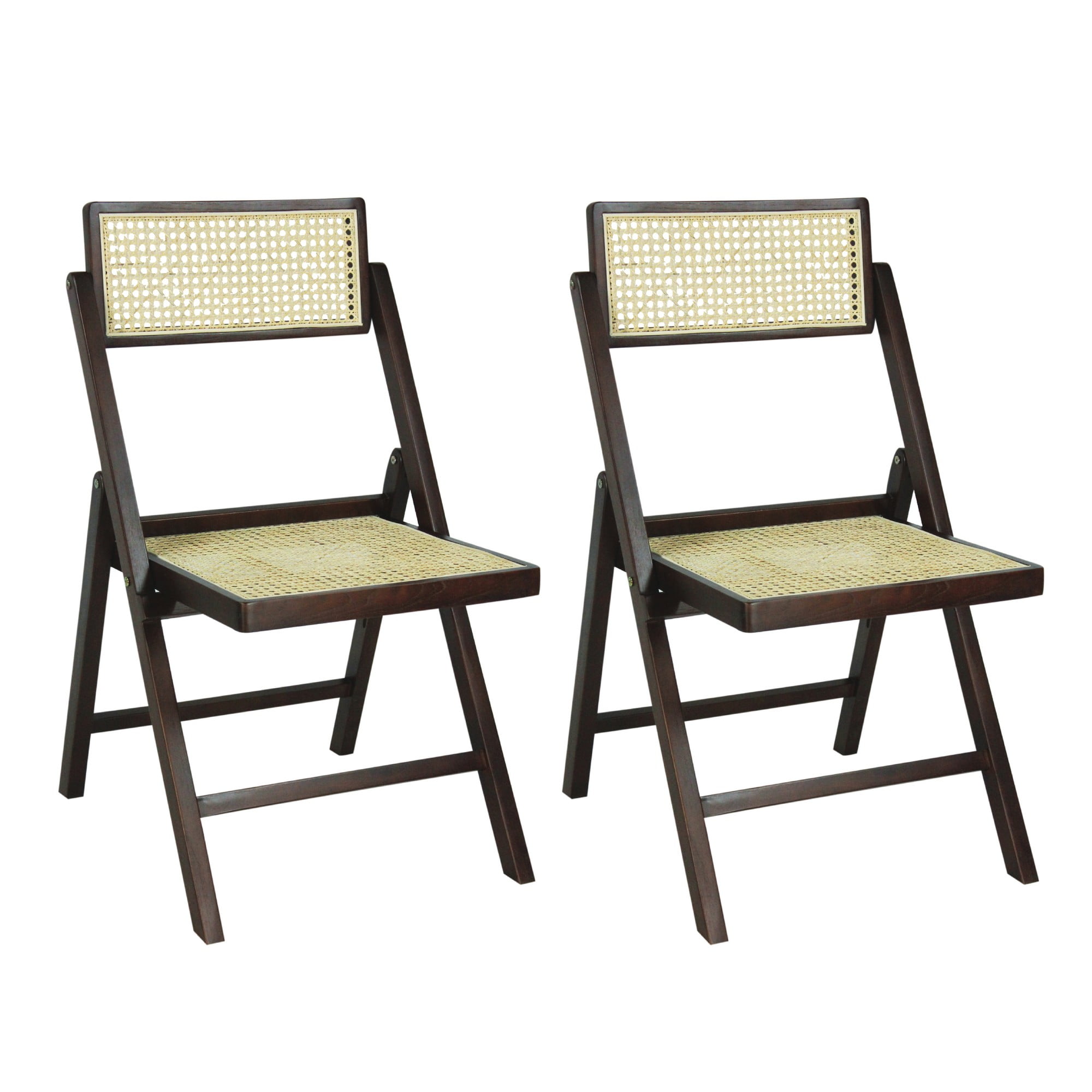 Theo Dark Brown Wood and Rattan Folding Chairs, Set of 2