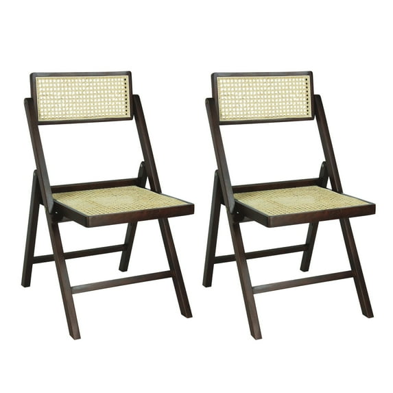 Theo Mid-Century Vintage Wood Rattan Folding Chair with Adjustable Back, Dark Brown (Set of 2)