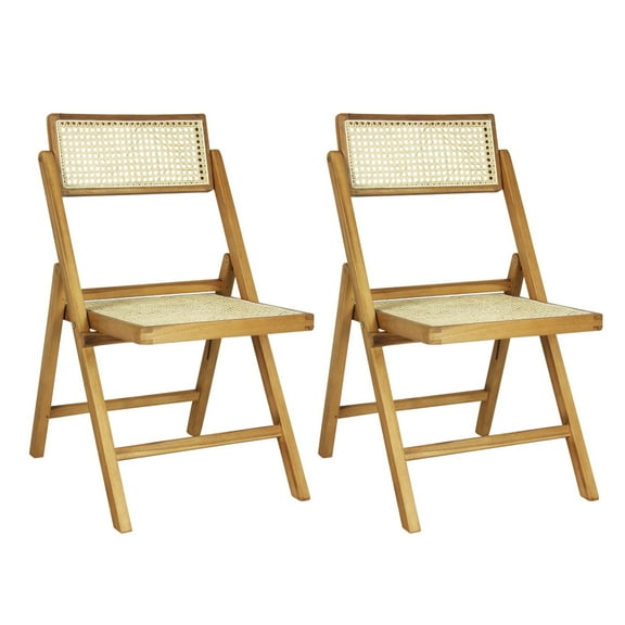 Theo Mid-Century Vintage Wood Rattan Folding Chair with Adjustable Back, Light Brown (Set of 2)