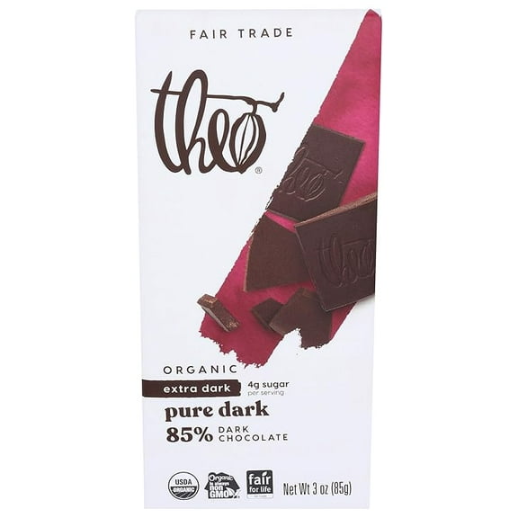 Theo Pure Organic Dark Chocolate Bar, 85% Cacao, 1 Bar | Vegan, Fair Trade ( Pack of 2 )