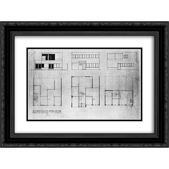 Theo van Doesburg 2x Matted 24x18 Black Ornate Framed Art Print 'Design for a house and studio for Bertalan Por, elevations and plans'